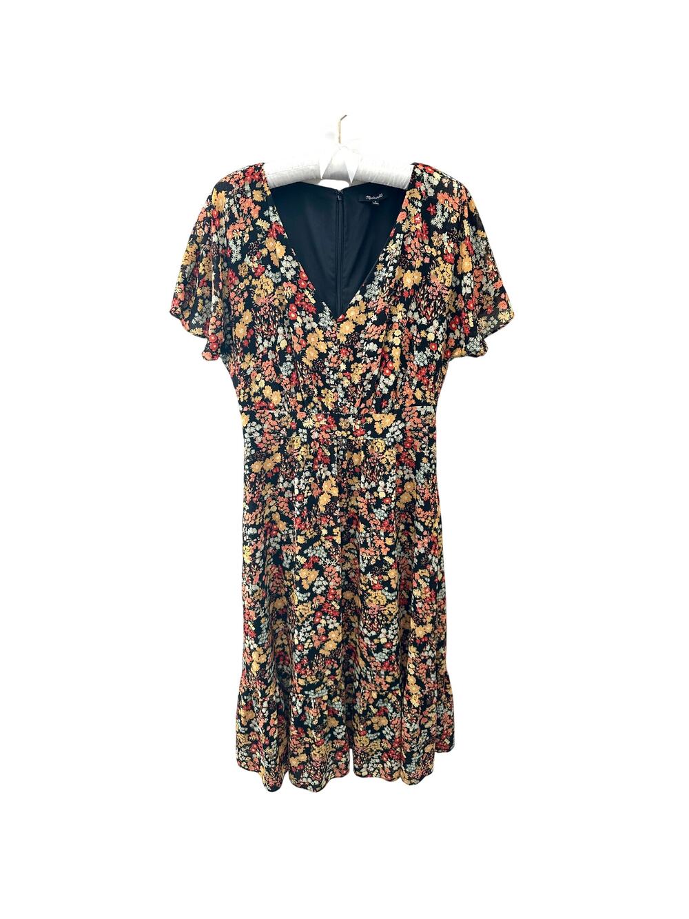 MADEWELL Floral Black Orange Yellow V-Neck Dolman Sleeve Midi Dress | Size 0
